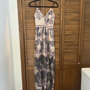 Aqua Blush Pink Satin Dress with Floral Trim